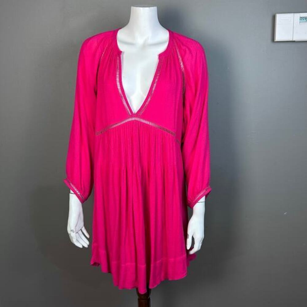 Free People Dress Large Hot Pink Go Lightly baby doll‎ puff sleeve cottagecore